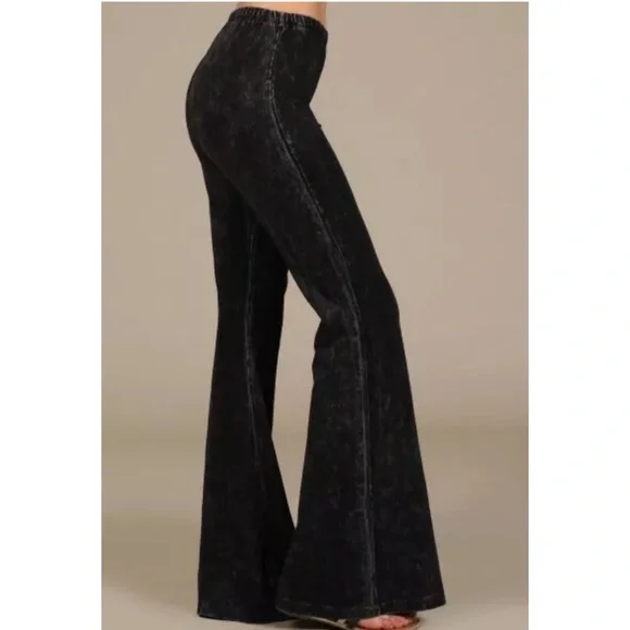 SOLD OUT Black Boho Mineral Wash Flared Stretch Pants - Picture 3 of 6